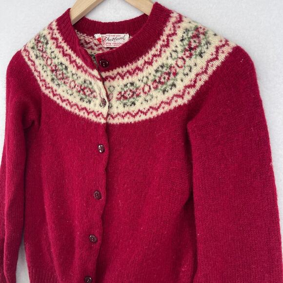 JOHN TULLOCH Sweater Womens XS Shetland 100% Wool Fair Isle Cardigan Red VTG - Picture 4 of 12